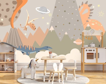 Montain Dinosaur Stars Nursery Wall Mural Peel and Stick Easy Removable Self Adhesive Sky Cloud Kids Wallpaper Child Room Decor