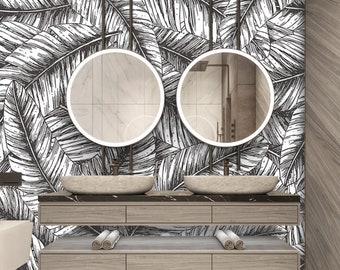 Tropical Palm Leaves Wallpaper Botanical Black White Palm Tropical Wall Mural Peel and Stick Wall Art Removable Vintage Geaves Wallpaper