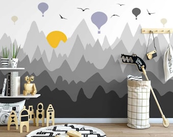 Forest Mountain Nursery Wall Mural Sun and Birds Wallpaper Peel and Stick Easy Removable Self Adhesive Kids Wallpaper Child Room Wallpaper