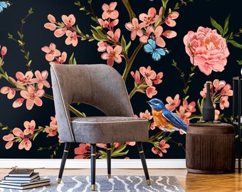 Dark Rose WallpaperPink  Roses and Bird Wall murals Peel and Stick Wall Art Easy Removable Pattern Flowers Seamless Pattern Wall Mural