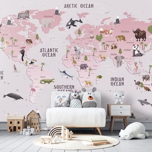 Weltkarte Kinder Tapete Peel and Stick Heißluftballons Karte abnehmbar selbstklebend Kinderzimmer Tapete Kinderzimmer Wand wandbild Tiere Karte
