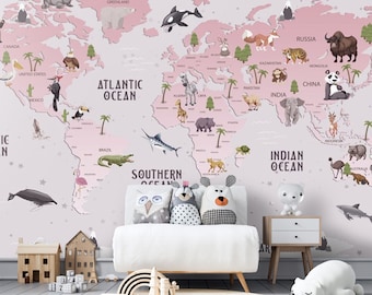 World Map Kids Wallpaper  Peel and Stick Hot air Balloons Map Removable Self Adhesive Child Room Wallpaper Nursery Wall Mural Animals Map