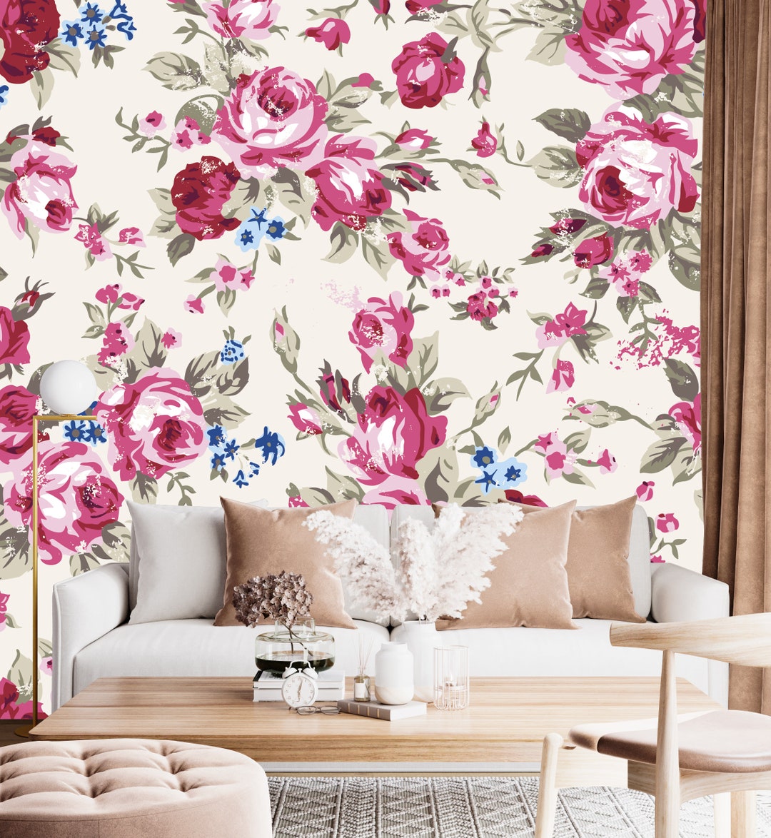Pink Floral Wallpaper: Watercolor Flower Wall Mural, Peel and Stick - Etsy