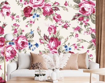 Pink Floral Wallpaper Watercolor Wall Mural Peel and Stick Nursery Flowers Wallpaper Wall Art Easy Removable Vintage  Wallpaper
