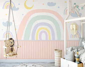 Rainbow and Moon Nursery Wall Mural Kids Wallpaper Peel and Stick Easy Removable Self Adhesive Kids Wallpaper Child Room Wallpaper