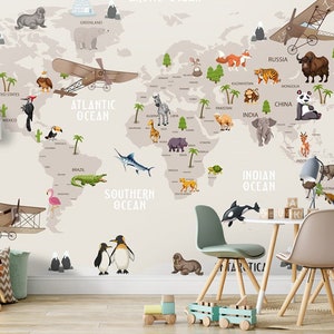 Weltkarte Kinder Tapete Peel and Stick Heißluftballons Karte abnehmbar selbstklebend Kinderzimmer Tapete Kinderzimmer Wand wandbild Tiere Karte