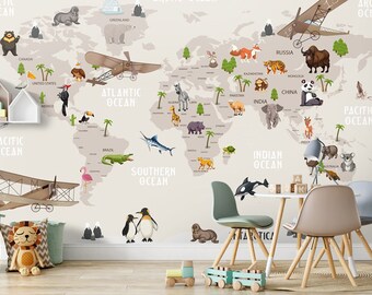 World Map Kids Wallpaper  Peel and Stick Hot air Balloons Map Removable Self Adhesive Child Room Wallpaper Nursery Wall Mural Animals Map