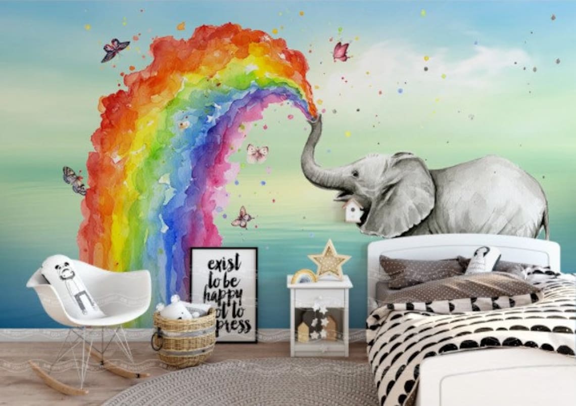 Cute Elephant Watercolor Nursery Wall Mural Kids Wallpaper Etsy