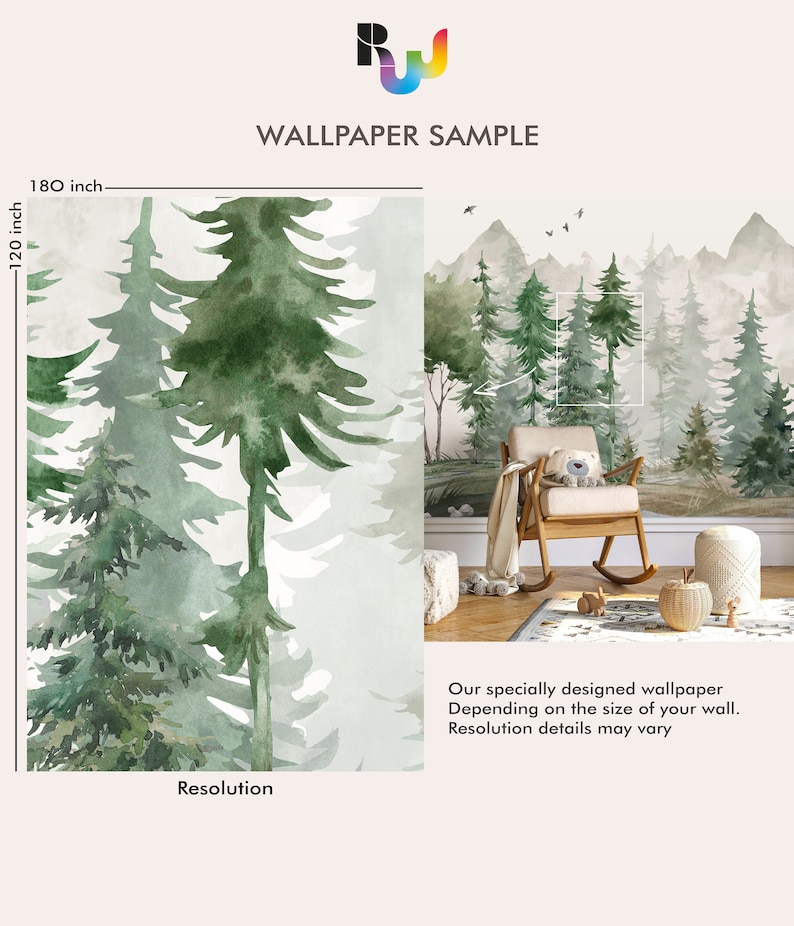 Kids Wallpaper Mountain and Trees Peel and Stick Wall Mural Self Adhesive Nursery Wall Art Child Room Mountain Decor Forest Decal image 8