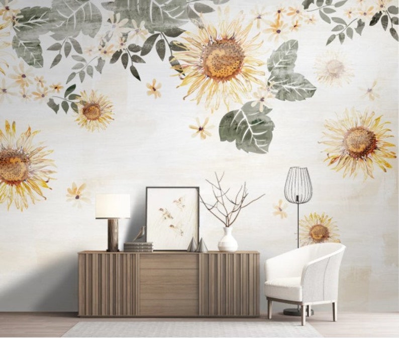 Sunflower and Leaves Wallpaper Dark Flowers Peel and Stick Wall Art Easy Removable Wallpaper Flowers Seamless Pattern Wall Mural image 4