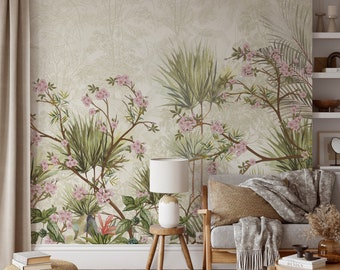Tropical Wallpaper, Botanical Trees  Peel and Stick Wall Mural, Removable Wallpaper, Living Room Decor Style Bedroom  Wall Mural