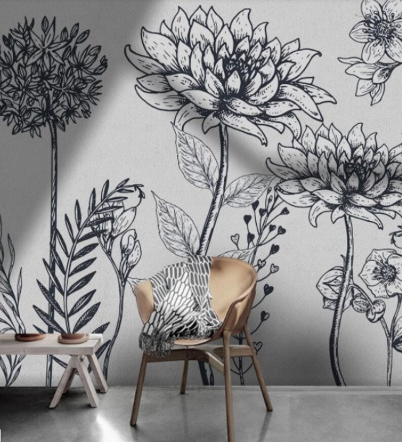 Gray and White Flowers Wallpaper Peel and Stick Wall Art Easy Etsy