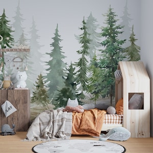 Kids Wallpaper Mountain and Trees Peel and Stick Wall Mural Self Adhesive Nursery Wall Art Child Room Mountain Decor Forest Decal image 3