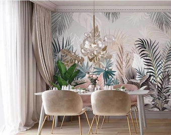 Removable Wallpaper Peel and Stick Wallpaper Tropical Wall Mural Leaves Palm Wall Art Vintage Watercolor Fllowers Wallpaper Living Room
