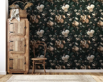 Dark Floral Wallpaper Peel and Stick, Dark Flowers Wall Murals, Removable Wallpaper , Vintage Wallpaper
