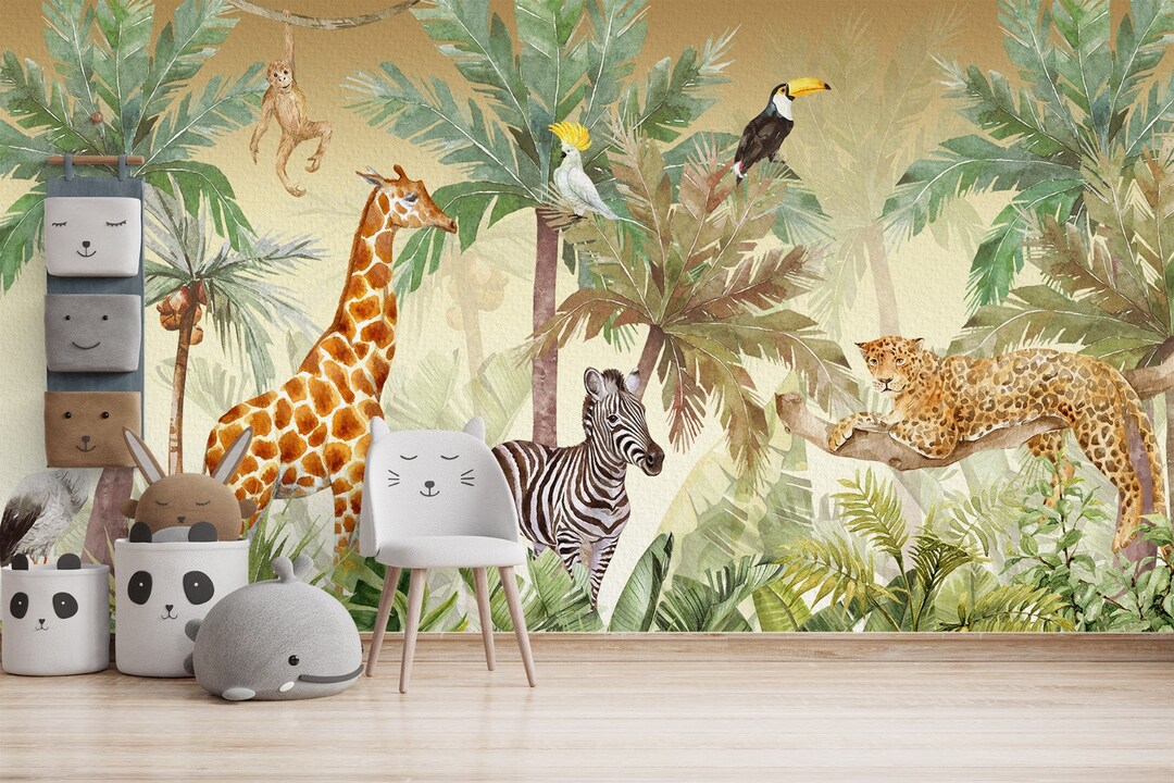 Kids Wallpaper Jungle Safari Animals Tropical Wallpaper Children Room ...