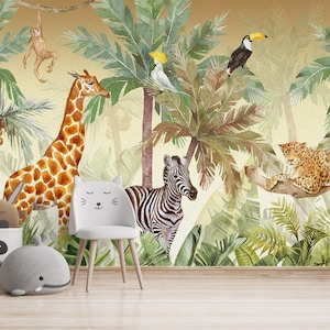 Carta da parati per bambini Animali da safari nella giungla Carta da parati tropicale Carta da parati per cameretta dei bambini Modello rimovibile con motivo rimovibile per cameretta dei bambini