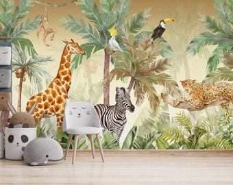 Kids Wallpaper Jungle Safari Animals  Tropical Wallpaper Children Room Wall Mural Peel and Stick Removable Pattern Baby Kids Room