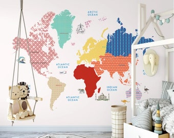 Colorful World Map Kids Wallpaper Peel and Stick Animals Map Removable Self Adhesive Child Room Wallpaper Nursery Wall Mural