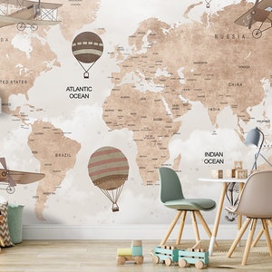 Weltkarte Kinder Tapete Peel and Stick Heißluftballons Karte abnehmbar selbstklebend Kinderzimmer Tapete Kinderzimmer Wand wandbild Tiere Karte