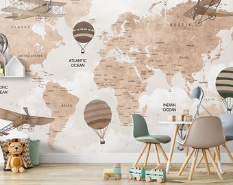 World Map Kids Wallpaper  Peel and Stick Hot air Balloons Map Removable Self Adhesive Child Room Wallpaper Nursery Wall Mural Animals Map