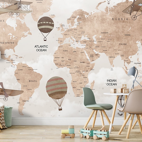 World Map Kids Wallpaper  Peel and Stick Hot air Balloons Map Removable Self Adhesive Child Room Wallpaper Nursery Wall Mural Animals Map