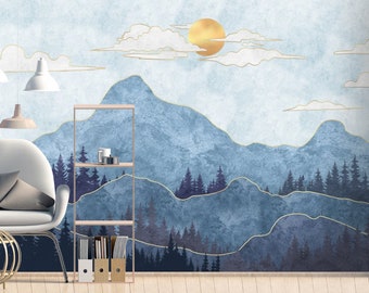 Watercolor Blue Mountain Nursery Wall Mural Trees Wallpaper Peel and Stick Easy Removable Self Adhesive Kids Wallpaper Child Room Wallpaper