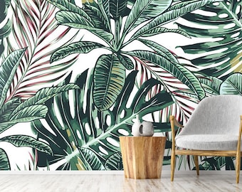Tropical Palm Leaves Wallpaper Green Leaves Palm Wall Mural Peel and Stick Wall Art Easy Removable Vintage Watercolor Fllowers Wallpaper