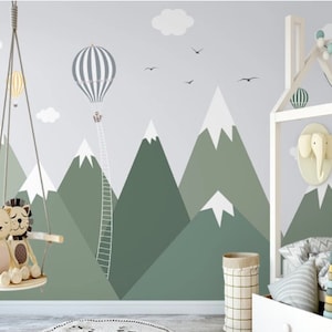 Green Mountain Nursery Wall Mural Hot Air Balloons Wallpaper Peel and Stick Easy Removable Self Adhesive Kids Wallpaper Child Room Wallpaper