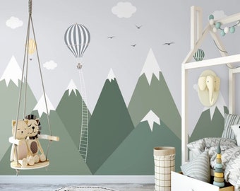 Green Mountain Nursery Wall Mural Hot Air Balloons Wallpaper Peel and Stick Easy Removable Self Adhesive Kids Wallpaper Child Room Wallpaper