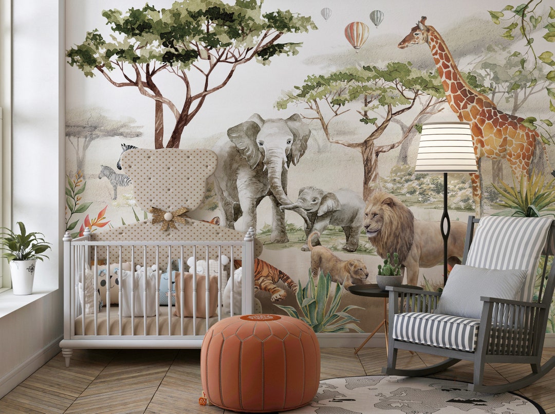Safari Animals Peel and Stick Wallpaper: Jungle Nursery Mural - Etsy