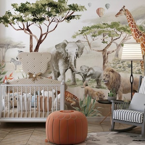 Carta da parati con animali da safari, carta da parati rimovibile stacca e attacca, murale della giungla, decorazione per la stanza dei bambini, carta da parati personalizzata