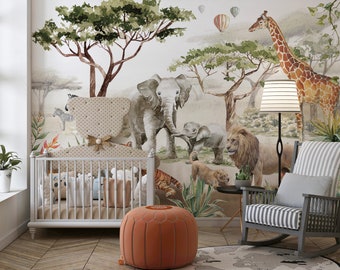 Safari Animals Wallpaper, Removable Peel and Stick Wallpaper, Jungle Wall Mural, Children Room Decor, Customized wallpaper