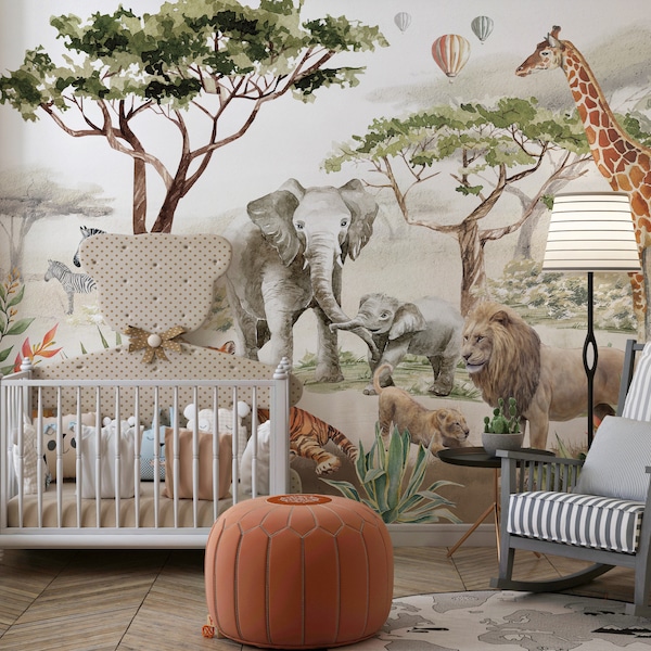 Safari Animals Peel and Stick Wallpaper: Jungle Nursery Mural