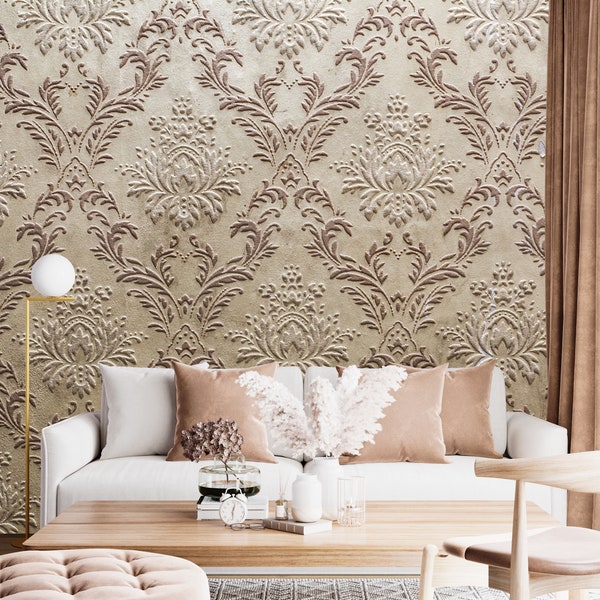 Modern Damask Wallpaper Peel and Stick Easy Removable Pattern Gray and Cream Wallpaper Living Room Wall Mural