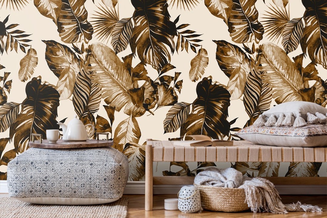 Tropical Leaf Peel and Stick Wallpaper: Vintage Gold Palm Wall Mural - Etsy