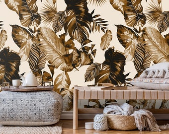 Tropical Wall Mural Peel and Stick Leaf Pattern Design Wallpaper Palm Wall Art Removable Vintage Gold Leaves Wallpaper Living Room Decor