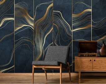 Gold Lines Geometric Wallpaper,Art Deco Wall Mural, Peel and Stick, Easy Removable, Pattern Wallpaper, Living Room Wall Mural