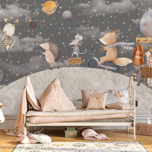 Carta da parati per bambini / Carta da parati con simpatici animali sulla luna / Carta da parati stacca e incolla per bambini Carta da parati per la camera dei bambini