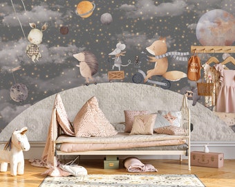 Kids Wallpaper | Cute Animals on the Moon Wall Mural | Kids Peel and Stick Wallpaper Child Room Wallpaper