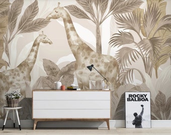 Amazon Jungle Safari Animals Wallpaper Forest Palm Tress Children's Room Wall Mural Peel and Stick Wall Art Easy Removable Baby Kids Room