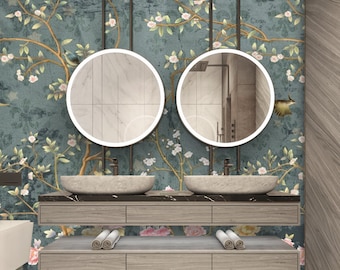 Trees Birds and Flowers for Digital Wallpaper Peel and Stick Wall Art Easy Removable Pattern Wall Mural Watercolor Floral Seamless