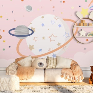 Carta da parati murale per bambini con spazio e pianeti di colore rosa, stelle, carta da parati staccabile e adesiva, carta da parati per bambini, carta da parati per cameretta