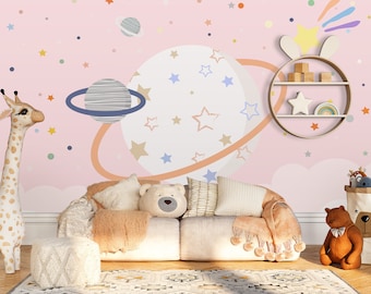 Pink Color Space and Planets Nursery Wall Mural Stars Wallpaper Peel and Stick Removable Self Adhesive Kids Wallpaper Child Room Wallpaper