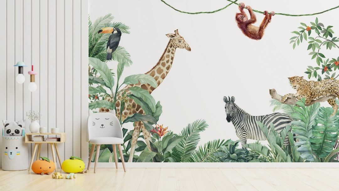 Jungle Safari Animals Wallpaper Children Room Wall Mural Peel and Stick