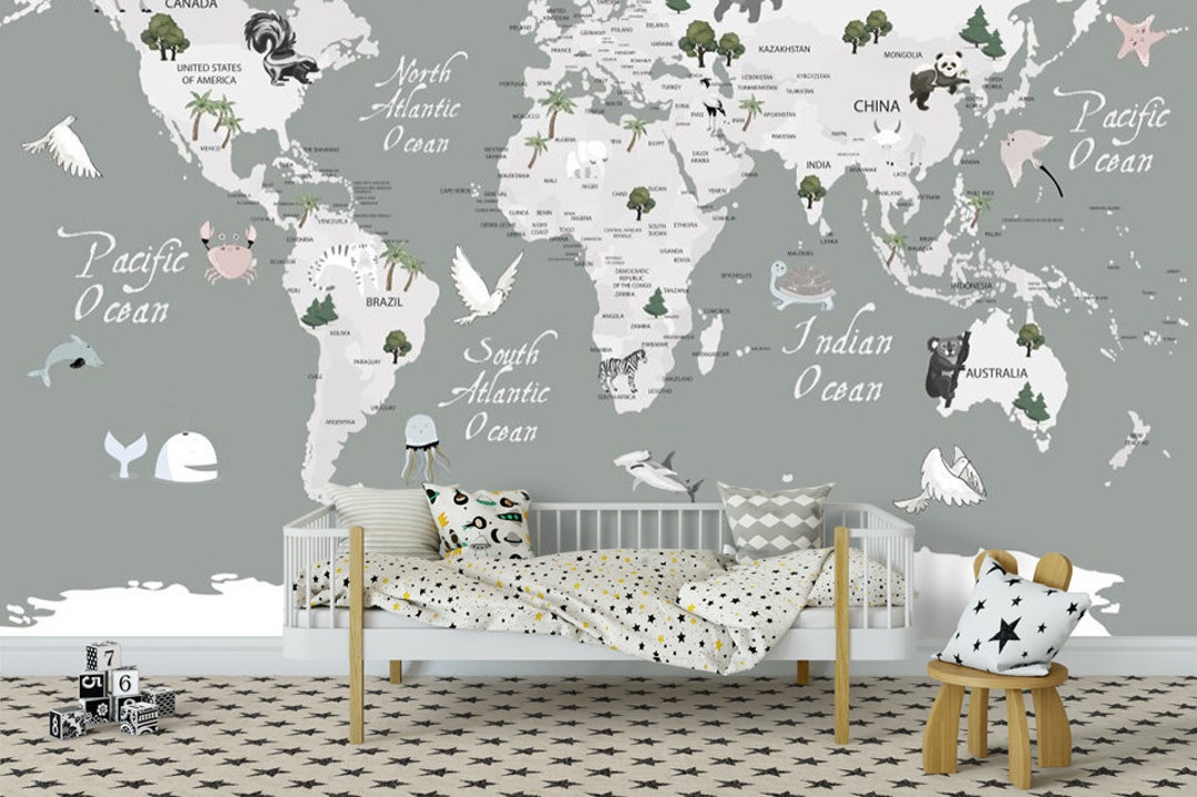 Kids World Map Wallpaper: Grey Peel and Stick Nursery Wall Mural - Etsy