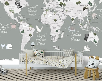 Grey Color World Map for Kids Wallpaper  Peel and Stick Easy Removable Self Adhesive  Child Room Wallpaper Nursery Wall Mural Animals Maps