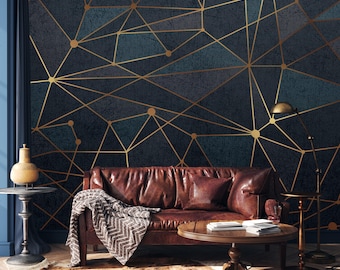 Gold Lines Geometric Art Wallpaper, Abstract Wall Mural, Peel and Stick, Easy Removable, Pattern Wallpaper, Living Room Wall Mural
