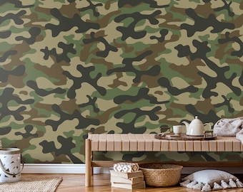 Military Camouflage Wall Mural Abstract Army Green Repeats Hunting Wallpaper Peel and Stick Easy Removable Living Room Wall Mural