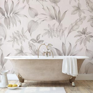 Beige Floral and Leaf Wallpaper – Botanical Wall Mural for Minimalist & Natural Home Decor Peel and Stick